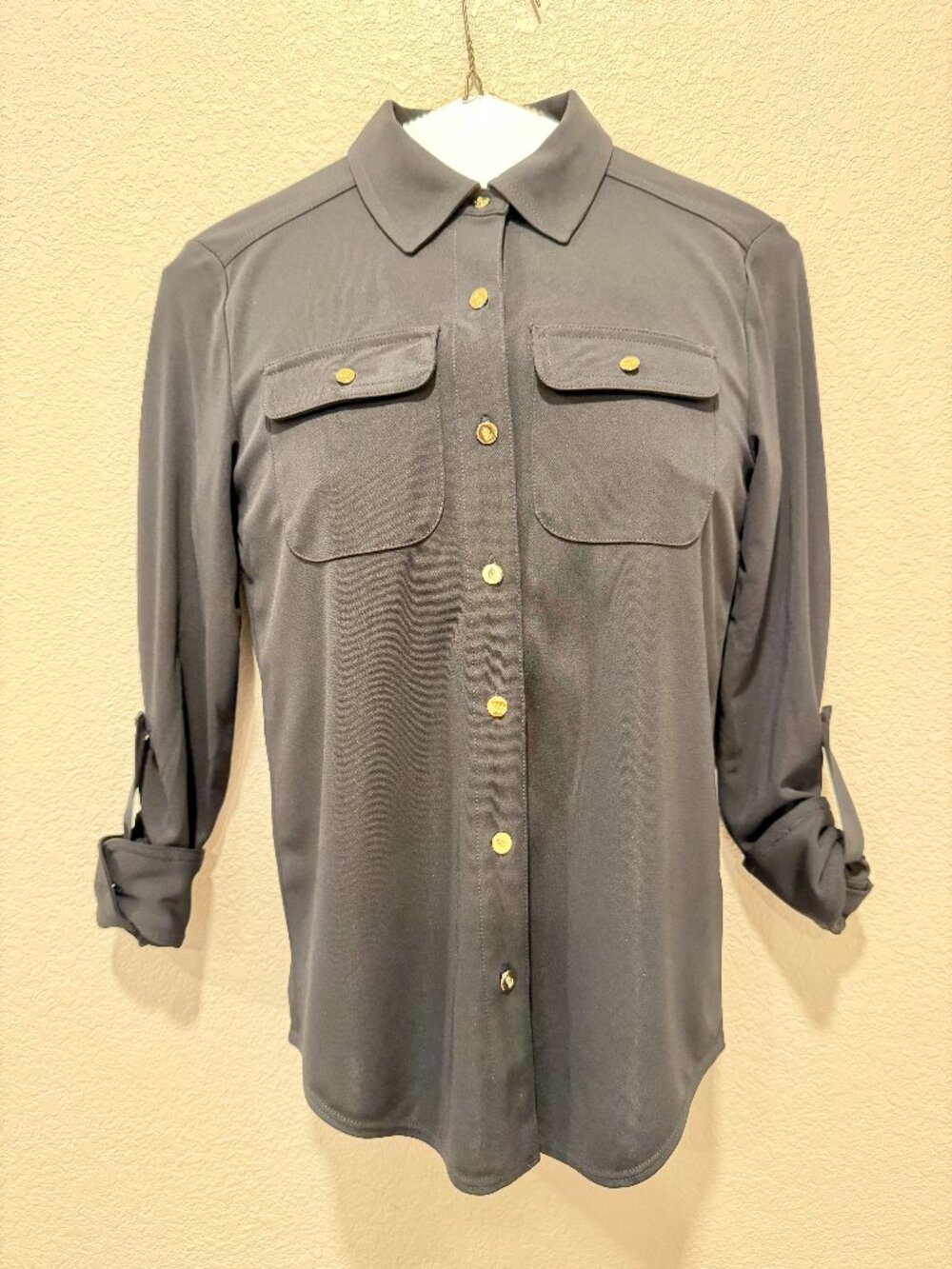 Lauren Ralph Lauren Charcoal Gold Button Roll Tab Shirt Petite XS